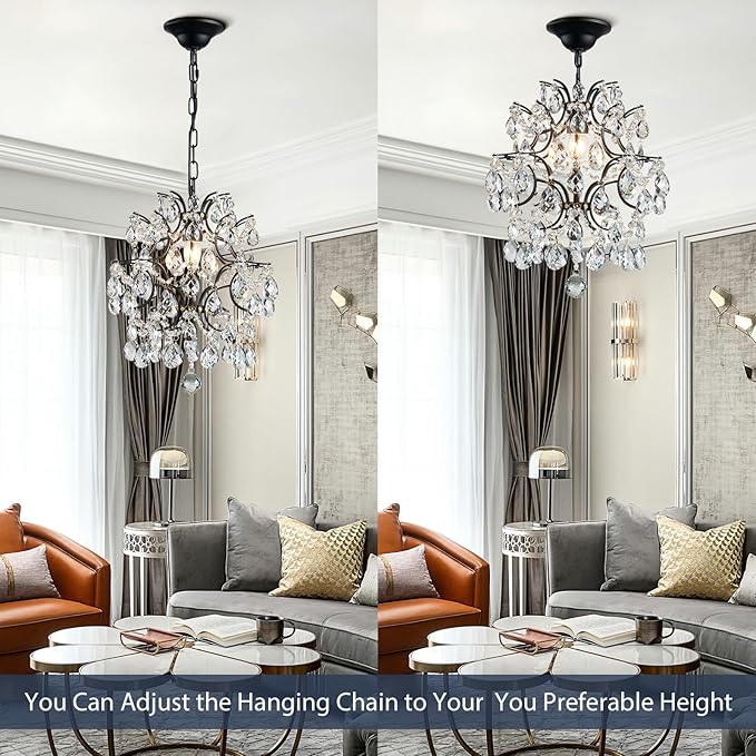 Bestier Black Modern Pendant Chandelier Crystal Raindrop Lighting Ceiling Light Fixture Lamp for Dining Room Bathroom Bedroom Livingroom entryway 1 E26 Bulbs Required D13 in x H16 in