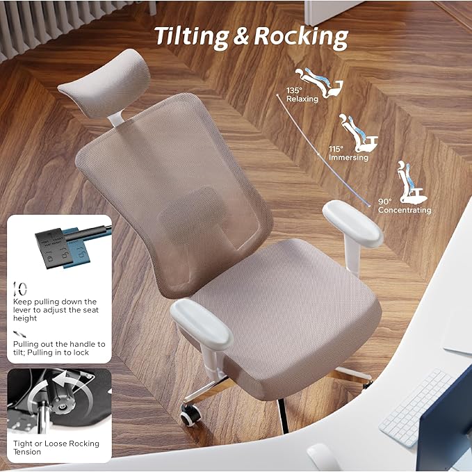 Ergonomic Office Chair with Adjustable Lumbar Support & Flip-Up Armrests - High Back Desk Chair with Thickened Seat Cushion, Rolling Wheels for Home/Office Study Work (05khaki)