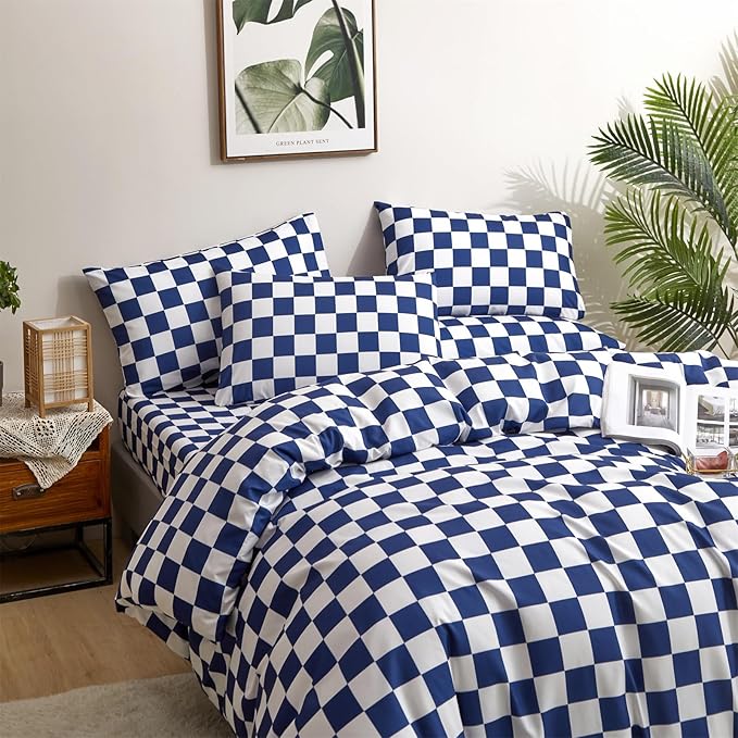 CLOTHKNOW Plaid Twin/Twin XL Comforter Sets Blue White Bedding Comforter Sets Royal Blue White Bed Comforter Blue Bedding Sets Soft