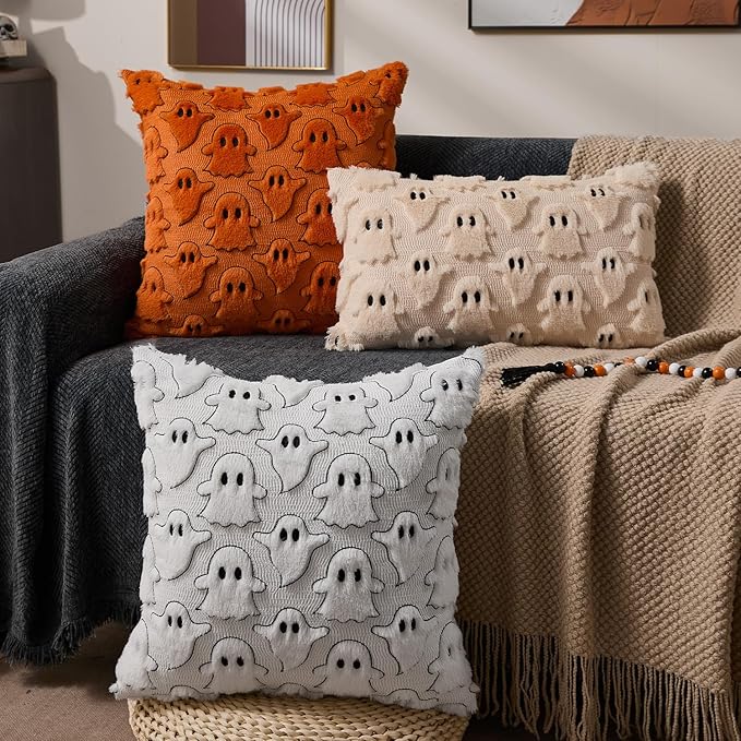 DFXSZ Halloween Pillow Covers 16x16 inch Set of 2 White Black Ghost Throw Pillow Cases Soft Plush Faux Fur Wool Cushion Case for Chair Bedroom Living Room Home Decor PTK03J16