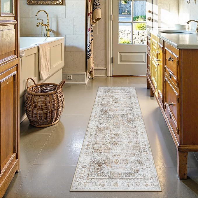 Uphome Bathroom Rugs Runner, Distressed Farmhouse Boho Light Khaki Bath Mat, Non Slip Washable Long Bath Rugs, Vintage Traditonal Soft Velvet Bathroom Runner for Bathtub Sink Shower, 20x60 inch