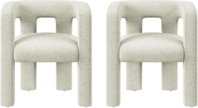 BELLEZE Modern Boucle Barrel Dining Chair Set of 2, Upholstered Linen Kitchen Boucle Armchair with Sidearms and Back, for Dining Room Living Room- Cream