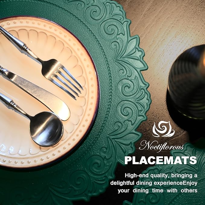 Noctiflorous Round Faux Leather 15 Inch Placemats Set of 4 Waterproof Wipeable Heat Resistant Tablemat for Dining Table Kitchen Non Slip Oilproof Table Place Mat for Indoor Outdoor(Green, 4)