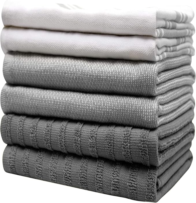 Premium Cotton Kitchen Towels 6 Pack Large Absorbent Flat & Terry Grey Stripe 20x28
