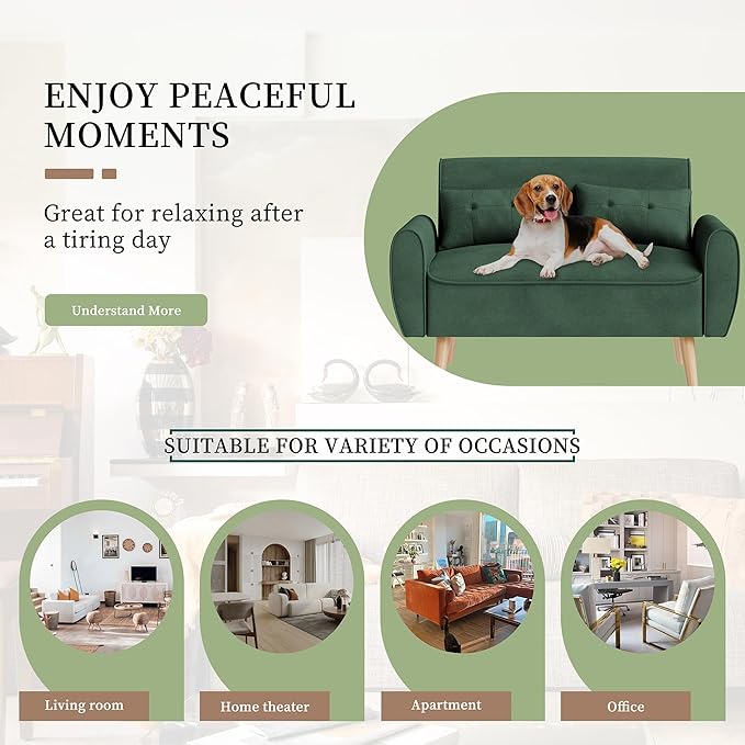 Vongrasig Small Modern Loveseat Sofa 47" Mid Century Linen 2 Seat Couch Tufted Love Seat, Green