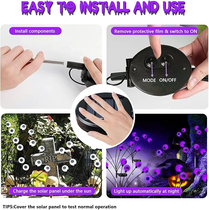 4 Pack Halloween Decorations Outdoor Waterproof, 24 LED Purple Solar Eyeball Lights, Swaying Firefly Light (Slow Glow or Steady on), for Garden Grave Yard Lawn Haunted House Decor