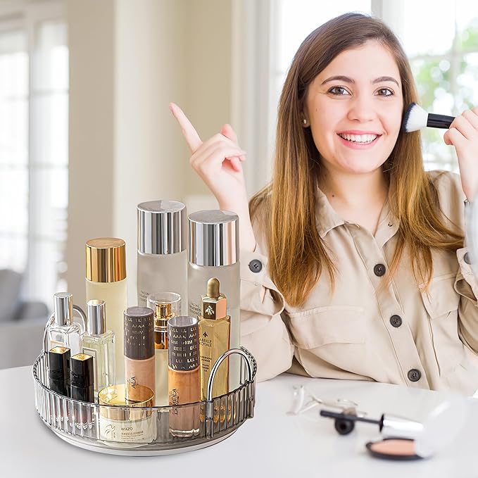 Aveniee Rotating Makeup Organizer for Vanity, Skincare Perfume Organizers for Bathroom Countertop, Clear Cosmetic Make Up Storage for Dresser, Lipstick Product Spinning Holder,1 Tier, Grey
