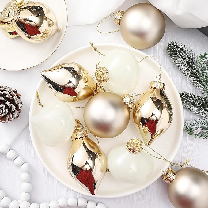 Zomiboo 12 Pcs Gold Glass Christmas Ball Ornaments Set 3.15" Hanging Shatterproof Glass Bulbs for Christmas Tree Baubles Bulk for Holiday Xmas Tree Decorations Gifts