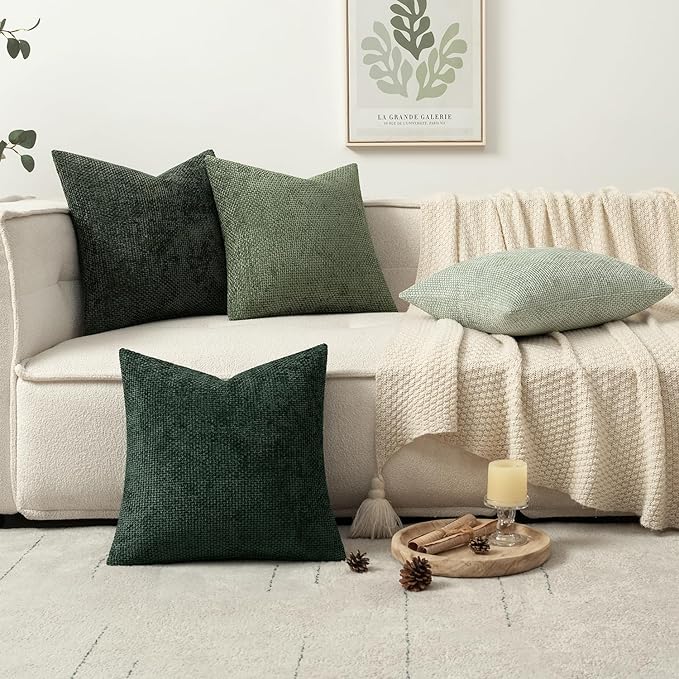 MIULEE Pack of 4 Christmas Throw Pillow Covers 16x16 Inch Green Soft Decorative Chenille Pillow Covers Farmhouse Accent Cushion Covers for Boho Home Decor Bedroom Living Room