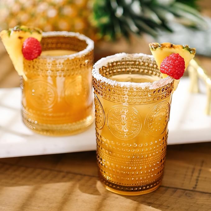Kate Aspen Hobnail Beaded Floral Amber Drinking Glasses, (13 oz) Vintage Glassware Set Cocktail Glass Set, Juice Glass, Water Cups | Great Hostess Gift & Gift for New Home Owners | (Pack of 24)
