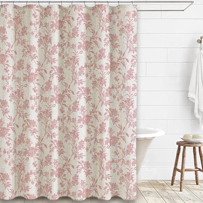 Pink Shower Curtain Floral Cotton Linen Cottagecore Shower Curtain for Bathroom 75" L x 72" W Long