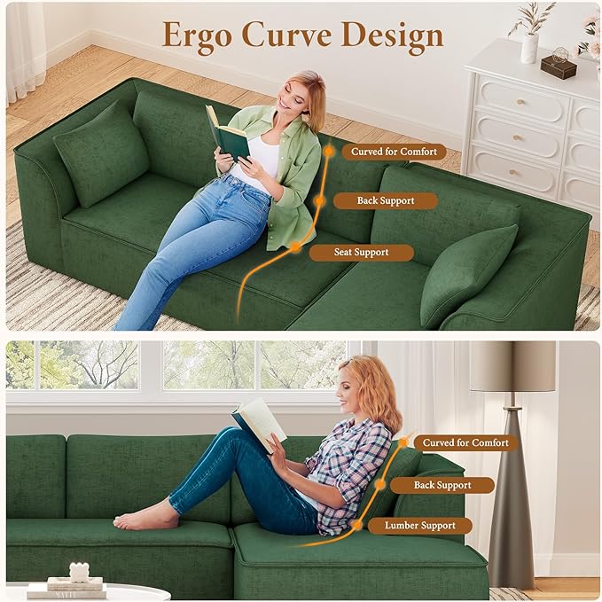 Vesgantti 106" Cloud Sectional Couch with Chaise, Deep Seat Modular Sectional Sofa Chenille Sofa Boneless Couches for Living Room Bedroom, No Assembly Required (Green, Right-Facing Chaise)