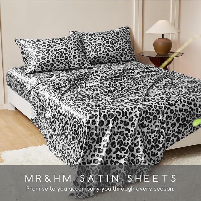 MR&HM Satin Sheets with Elastic Corner Straps, Full Size Sheets Set, 4 Pcs Silky Bedding Set with 15 Inches Deep Pocket for Mattress (Full, White Leopard)