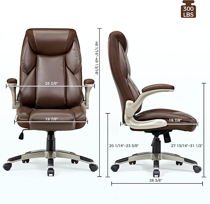 EUREKA ERGONOMIC Galene Executive Office Chair Flip Up Arm Rest, Ergonomic Desk Chair Faux Leather Computer Chair, High Back Office Chair with Headrest, Home Desk Chairs with Wheels, Brown