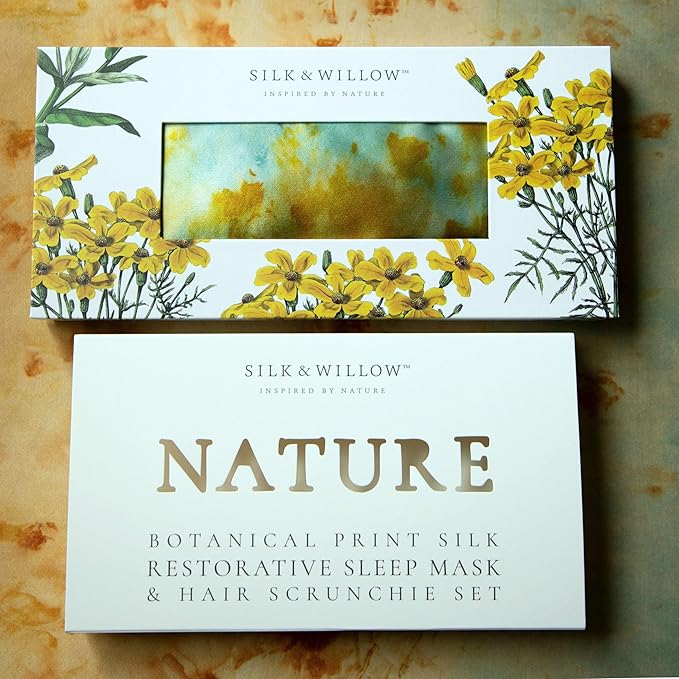 Silk & Willow 100% Pure Mulberry Silk Sleep Eye Mask & Hair Scrunchie Gift Set (Teal Marigold)