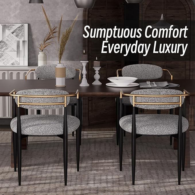 Morden Fort Mid-Century Modern Boucle Dining Chairs Set of 6, Brushed Gold with Black Metal Legs and Upholstered Cushion, Sherpa for Living Room Bedroom Outdoor Lounge
