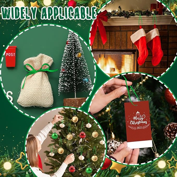 JUNEBRUSHS 300Pcs Christmas Ornament Hangers, Hand Tied String Ties Ornament Loops Thin Ribbon for Ornaments Christmas Tree Hanging Decorations (Green)