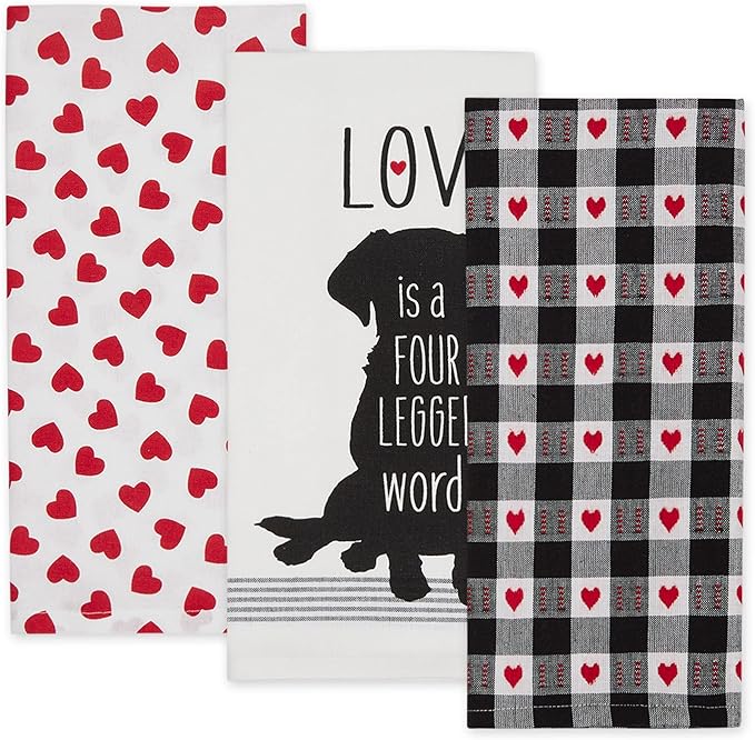 DII Valentine Dish Towels Set of 3 Dog Love Decorative Kitchen Towels 18x28