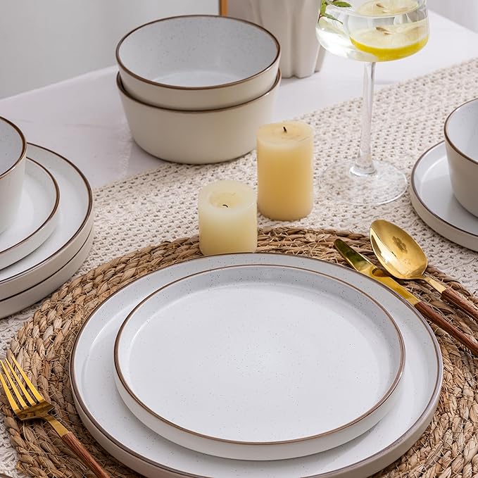 AmorArc Dinnerware Set for 6, 18 Pieces Ceramic Plates and Bowls Set, Handcrafted Speckled Stoneware Plates, Dishwasher & Microwave Safe Dishes - (White, Service for 6)