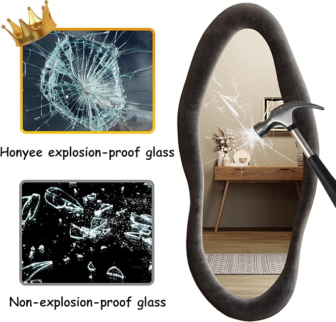 Honyee 55" x 24" Wall Mirror, Flannel Wrapped Wooden Frame Wavy Mirror, Irregular Mirror Hanging for Cloakroom/Bedroom/Living Room, Black