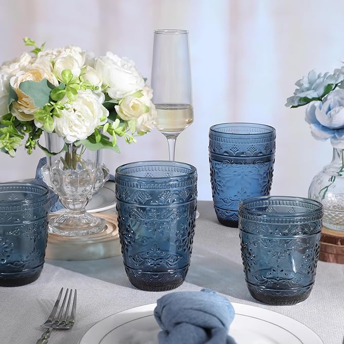 Blue Glassware set of 6, 10OZ Drinking Glasses, Blue Heavy Duty Glass Cups, Old Fashioned Glass, Embossed Glasses Set for Party Wedding Home Office Glassesware Gift