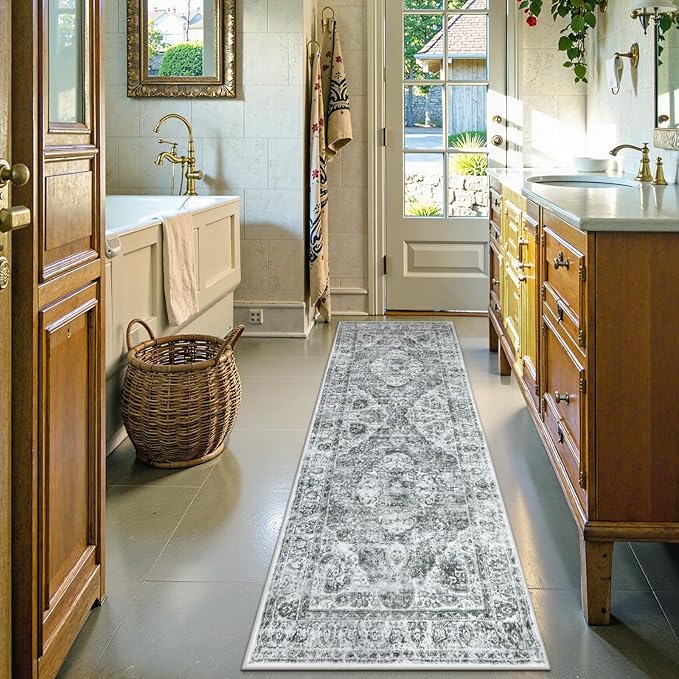 Uphome Bathroom Runner Rug, Distressed Tribal Farmhouse Gray Bathroom Mat, Large Bathroom Rugs Non Slip Washable, Oriental Retro Boho Bath Mat Runner for Bathtub Sink Hallway, 24x71 inch