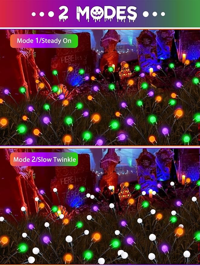 6 Pack Halloween Decorations Outdoor Solar Pathway Lights, Solar Firefly Lights Orange Purple and Green, Sway by Wind, Waterproof Solar Halloween Lights for Patio Garden Yard Lawn Horror Party Decor