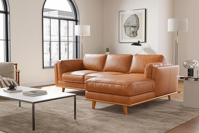 Valencia Artisan Full Leather Sofa Pure Italian Nappa Leather Couch with Ultimate Comfort Right Chaise Sectional, Cognac