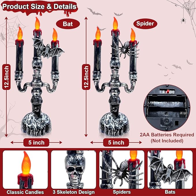 TURNMEON 2 Pack Halloween Candles LED Candelabra,Halloween Decorations 3-Candles Flickering Lamp Light Up Battery Operated Candles Holder Flame Less Bat Spider Decor Indoor Table Home Party