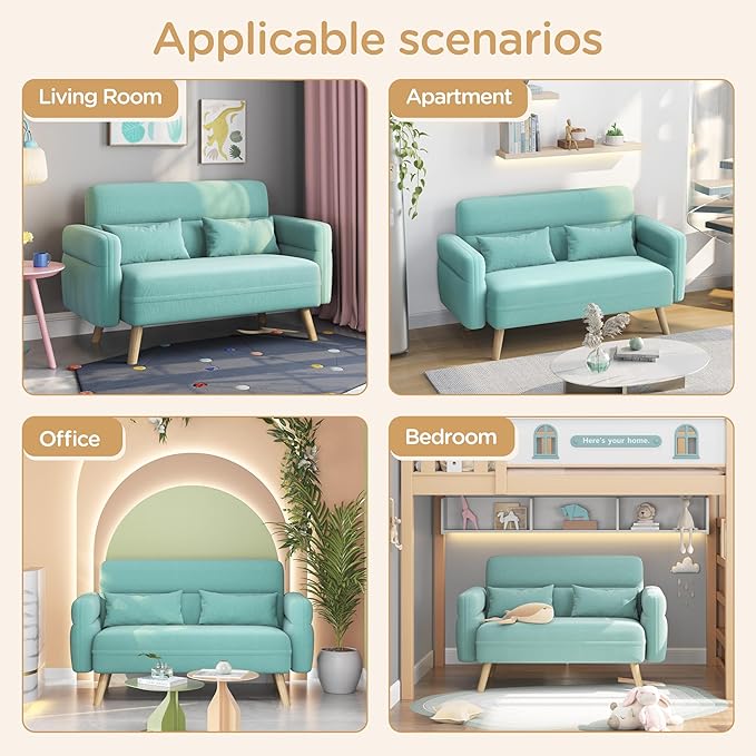 Yaheetech 46" Modern Fabric Loveseat Sofa Mid Century 2 Seater Couch Lumbar Pillows Solid Wood Legs, Aquamarine