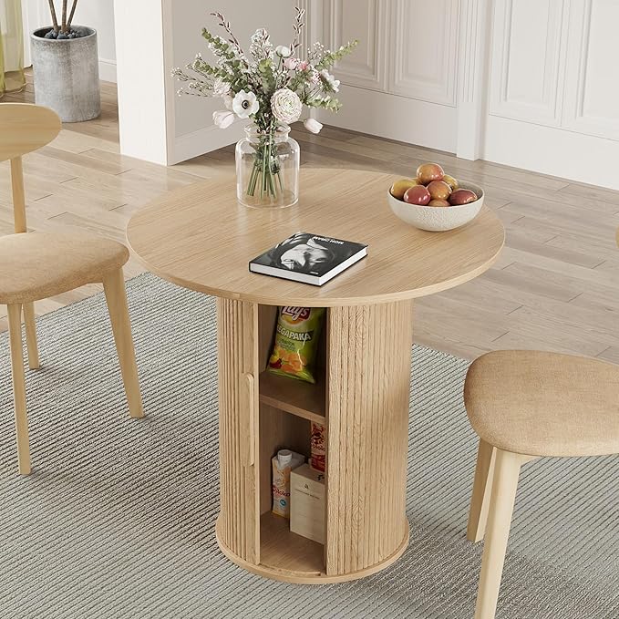 31.5" Round Dining Table for 2-4, Modern Farmhouse Kitchen Table with 2-Tier Storage Shelf, Small Wooden Circle Dining Tables with Fluted Base for Home Dining Room Living Room (Natural)