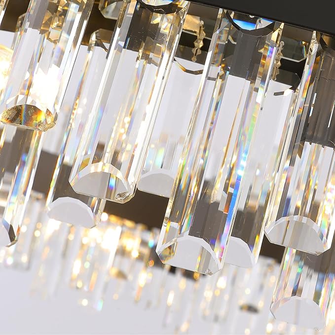 Siljoy Modern Crystal Chandelier Farmhouse Black Round 2-Tiers K9 Crystal Raindrop Chandelier Adjustable Flush Mount Crystal Ceiling Light for Dining Living Room Entryway Foyer E12x20, D39.4''