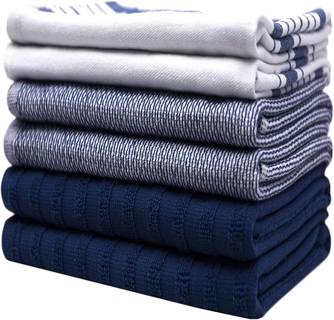 Premium Kitchen Towels 6 Pack Large Cotton Flat Terry Absorbent Tea Towels with Hanging Loop Navy Blue Striped 20x28