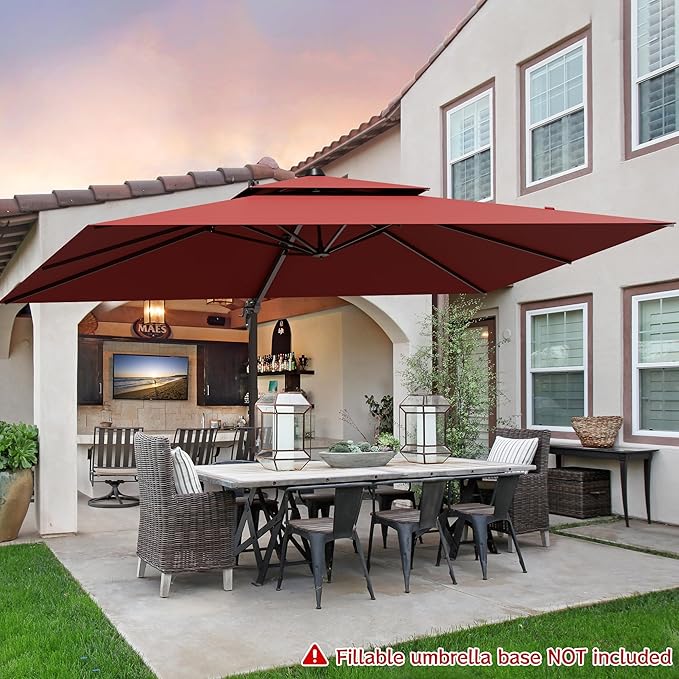 9x12FT Cantilever Patio Umbrella - Heavy Duty Double Layer Offset Design with 360° Rotation, Large Rectangle Sun Shade Umbrella for Garden, Deck, Pool, Backyard, Red