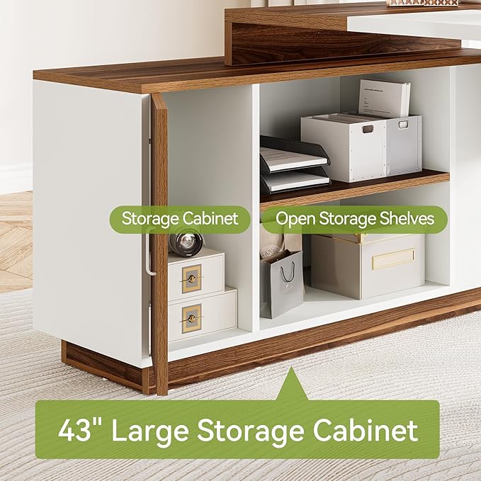 LITTLE TREE 70.5-Inch Executive Desk, Large Home Office Desk with Storage Cabinet and Open Shelves, L-Shaped Computer Corner Desk, Workstation for Office Home, Walnut and Black