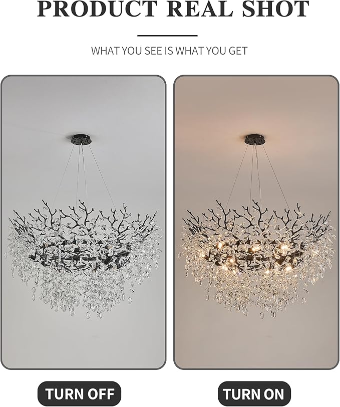 Modern Crystal Chandelier for Dining Room, 39.5" Black Tree Branch Chandeliers, 12-Light Luxury K9 Crystal Round Chandeliers for Kitchen Island Living Room
