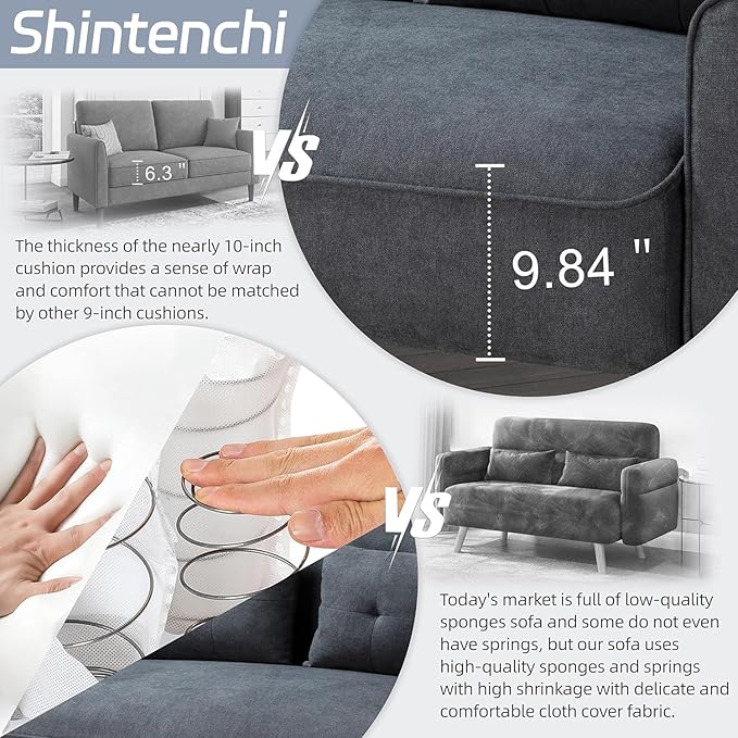 Shintenchi Small Modern Loveseat Couch Sofa, Mid Century Fabric Upholstered 2-Seat Sofa Couch Love Seats, Dark Grey