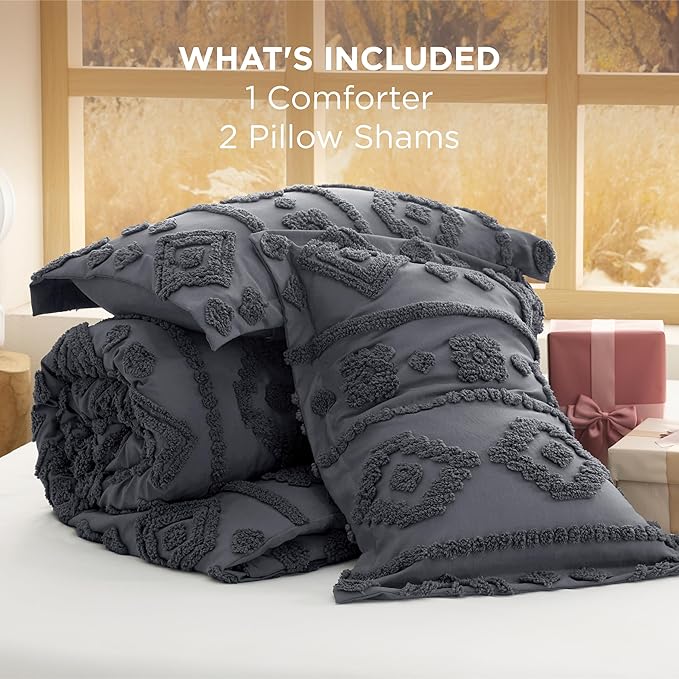 Bedsure Queen Size Comforter Set - Dark Grey Tufted Boho Bed Set, Farmhouse Shabby Chic Embroidery Bedding for All Seasons, 3 Pieces, 1 Soft Jacquard Queen Comforter and 2 Pillow Shams