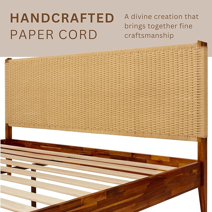 Bme Selina King Bed Frame and Headboard - Handcrafted Paper Cord Headboard, 12-Slat Support, No Box Spring Needed - Easy Assembly, Dark Chocolate
