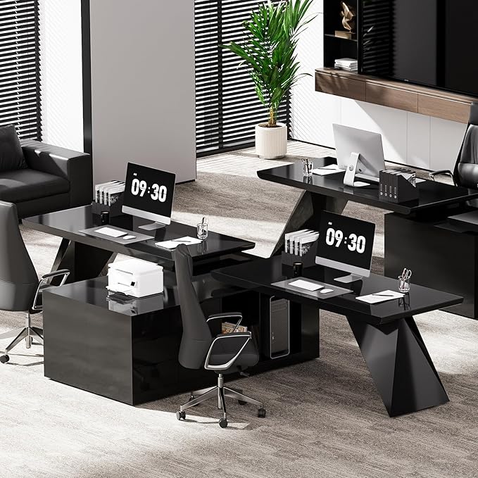 homary 70.9" Modern L-Shape Executive Desk Set, Home Office Desk with Home Office Executive Chair, Drawers & Cabinet Modern Computer Desk for Home Business Furniture, Black, Right Hand