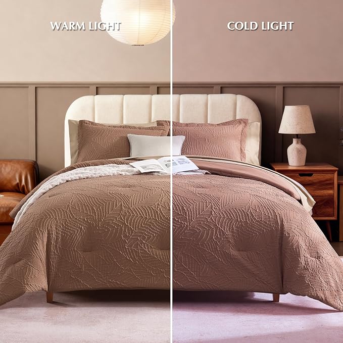 Geniospin Queen Comforter Set - 7 Pieces Brown Textured Queen Bedding Sets with Comforter, Sheets, Pillowcases & Shams,All Season Brown Bedding