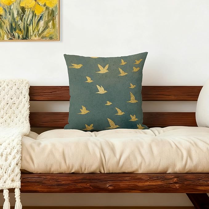 Japanese Elegant Gold Crane Bird Pillow Covers 18x18, Japandi Home Decor, Modern Minimalist Traditional Oriental Asian Birds Pillow Cover Pillowcase for Home Bedroom Bed Couch Living Room