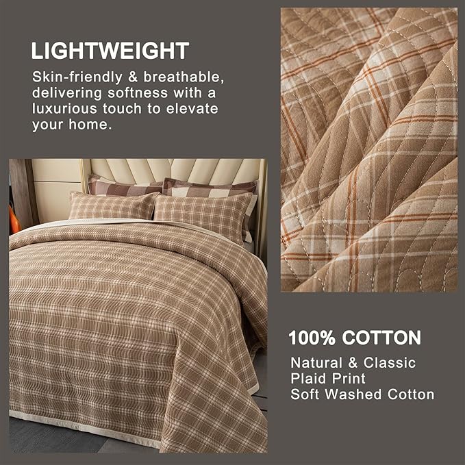 Cotton Plaid Quilt Set Queen 3 Piece Lightweight Reversible Bedding, Grid Beige