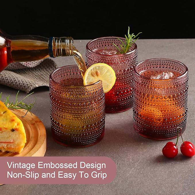 Vintage Glassware Drinking Glasses Set of 6,12 oz Hobnail Glass Cups,Embossed Purple Water Tumbler,for Beer,Cocktail,Whiskey,Juice and Various Mixed Drinks- 1 Cleaning Brush