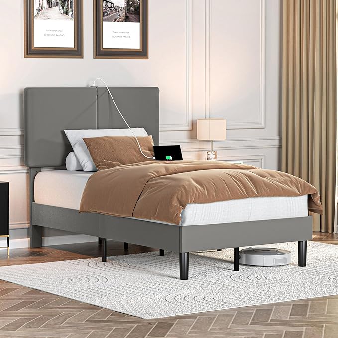 VECELO Twin Bed Frame with Type-C & USB Ports,Upholstered Platform Height-Adjustable Cotton and Linen Headboard,No Box Spring Needed, Noise-Free, Easy Assembly, Dark Grey