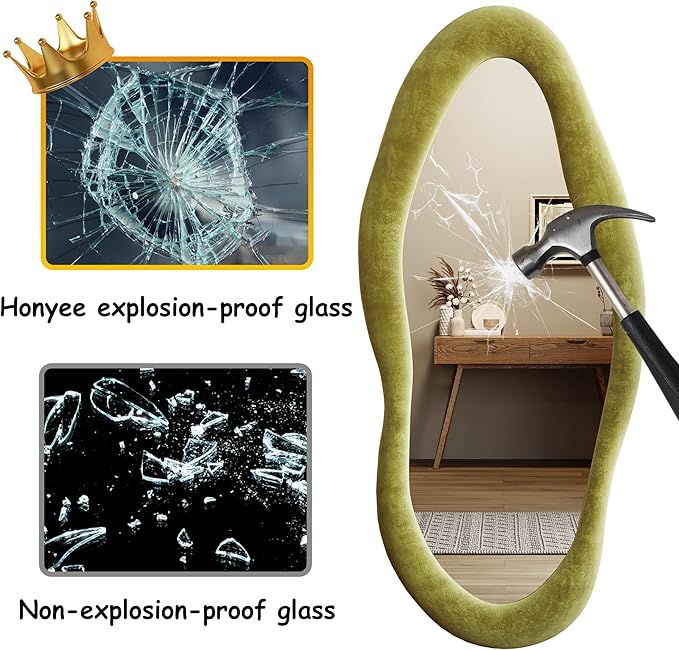 Honyee 55" x 24" Wall Mirror, Flannel Wrapped Wooden Frame Wavy Mirror, Irregular Mirror Hanging for Cloakroom/Bedroom/Living Room, Green