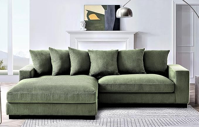Container Furniture Direct Luxe 2 Piece Sectional Sofa with Chaise Corduroy Upholstery Left Facing, Dark Green