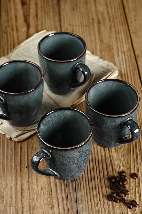 famiware Coffee Mugs Set of 4, Ocean Round 11.5oz Coffee Cup Set with Handle for Cocoa, Milk, Hot Chocolate, Tea or Water, Stoneware Cups for Kitchen, Microwave Dishwasher Safe, Deep Forest