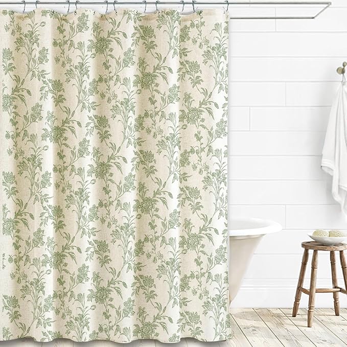 Extra Long Sage Green Shower Curtain Floral Cotton Linen Cottagecore Shower Curtain for Bathroom 72" W x 84" L