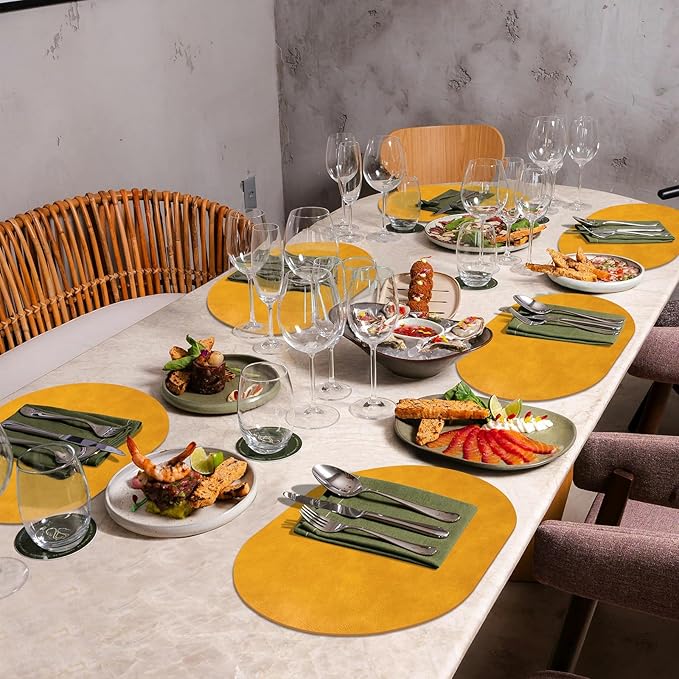 ADRIMER Placemats, Heat Resistant Oval Placemats Set of 6 Washable 12 x 17 Inch, Waterproof Table Mats, Wipeable Pu Place Mats for Kitchen, Dining Room, Yellow